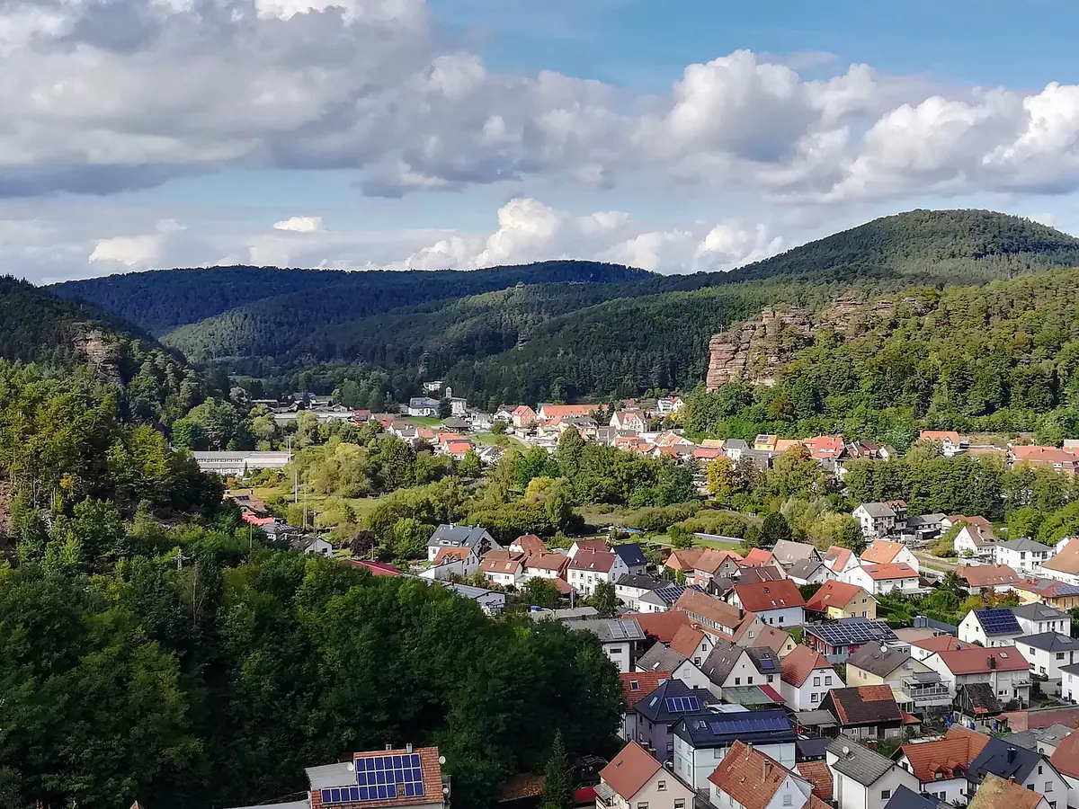 Blick vom Wachtfelsen über die Dächer von Dahn, dahinter Wald und Sandsteinfelsen