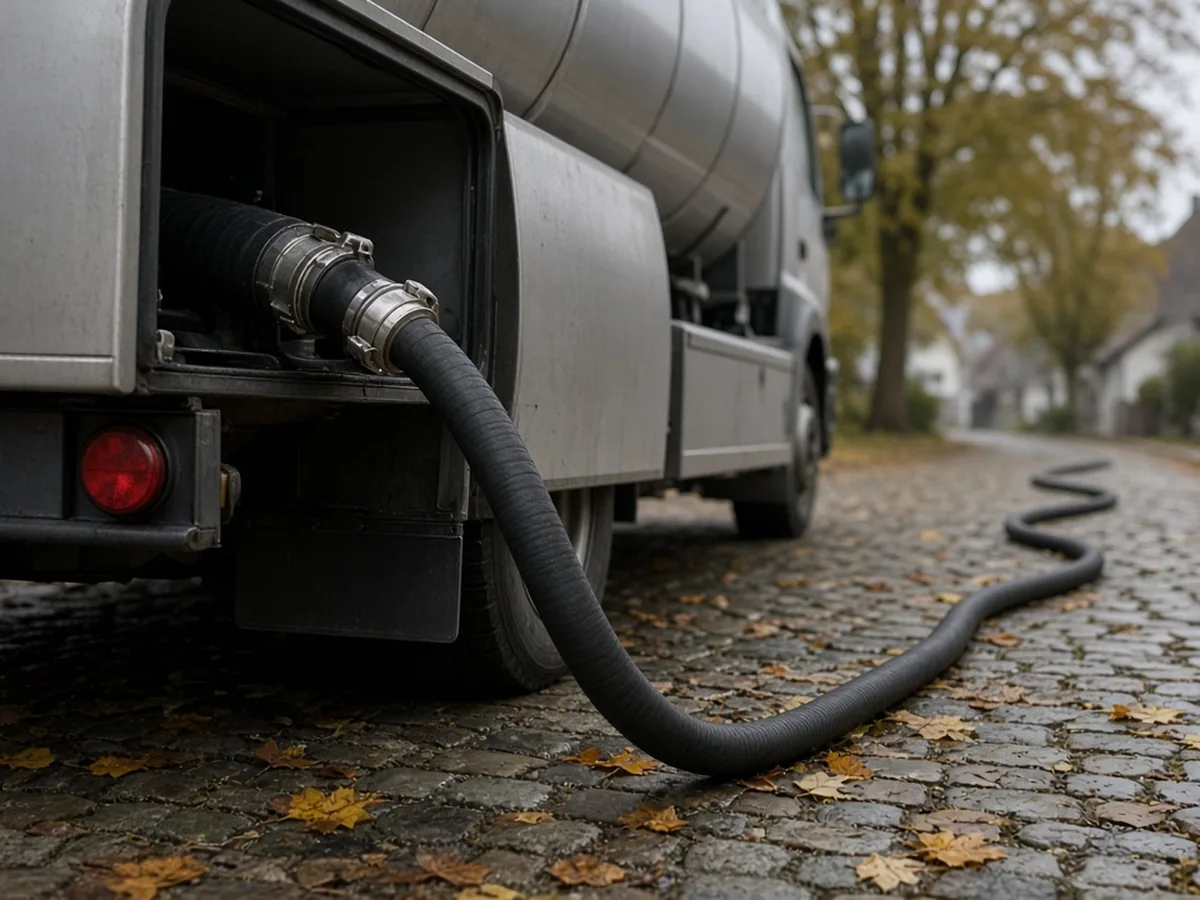Ein Heizölschlauch liegt vom Heck des Tankwagens über nasses Kopfsteinpflaster, im Hintergrund Häuser im Herbst