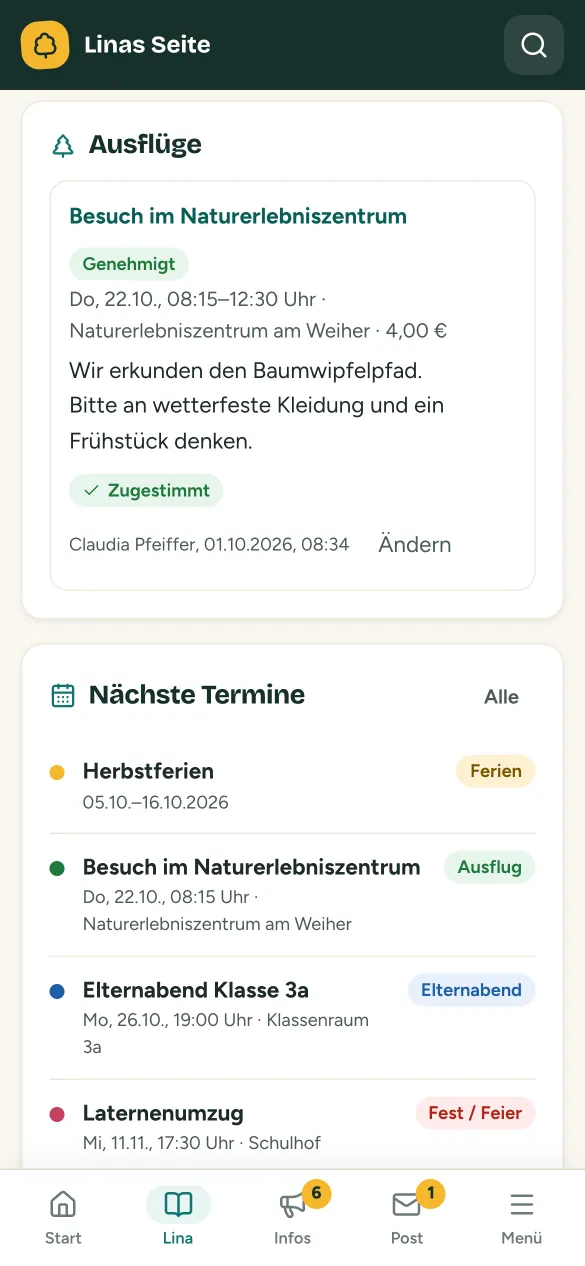 Genehmigter Ausflug zum Naturerlebniszentrum mit Elterninfo, Kosten und der Rückmeldung „Zugestimmt“, darunter die nächsten Termine