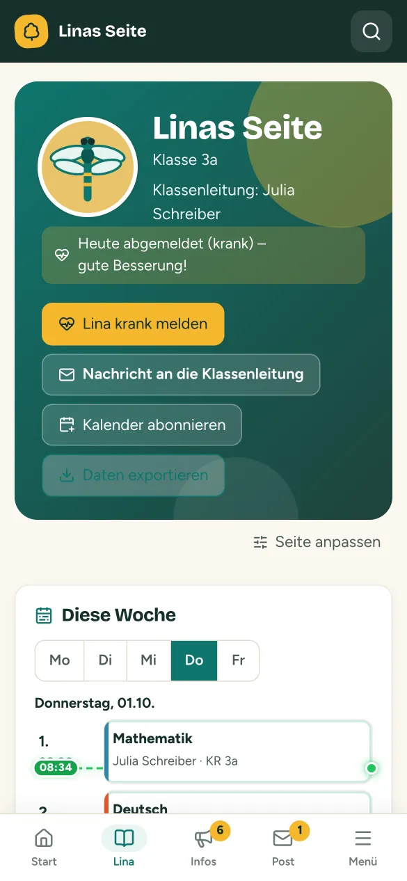 Kinderseite in der Eltern-App: Klasse 3a, Hinweis „Heute abgemeldet (krank)“, Knöpfe zum Krankmelden, Nachricht und Kalender-Abo