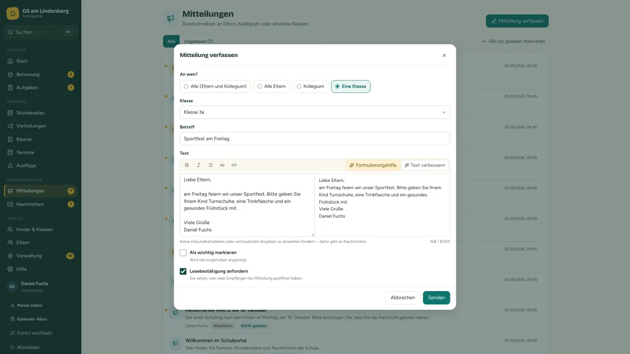 Dialog „Mitteilung verfassen“ mit Auswahl der Empfänger, Text mit Vorschau und Option „Lesebestätigung anfordern“
