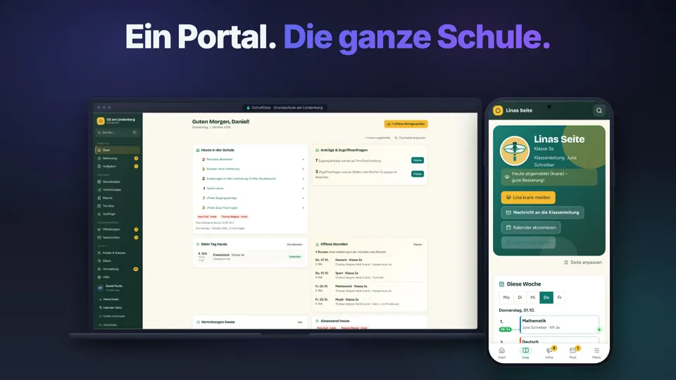 SchulKiste in Aktion: Startseite der Schulleitung und Kinderseite in der Eltern-App