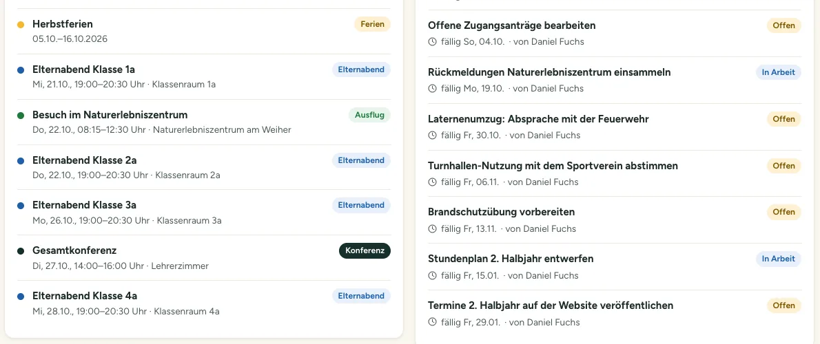 Terminliste mit Ferien, Elternabenden und Ausflug sowie delegierte Aufgaben mit Fälligkeit und Status